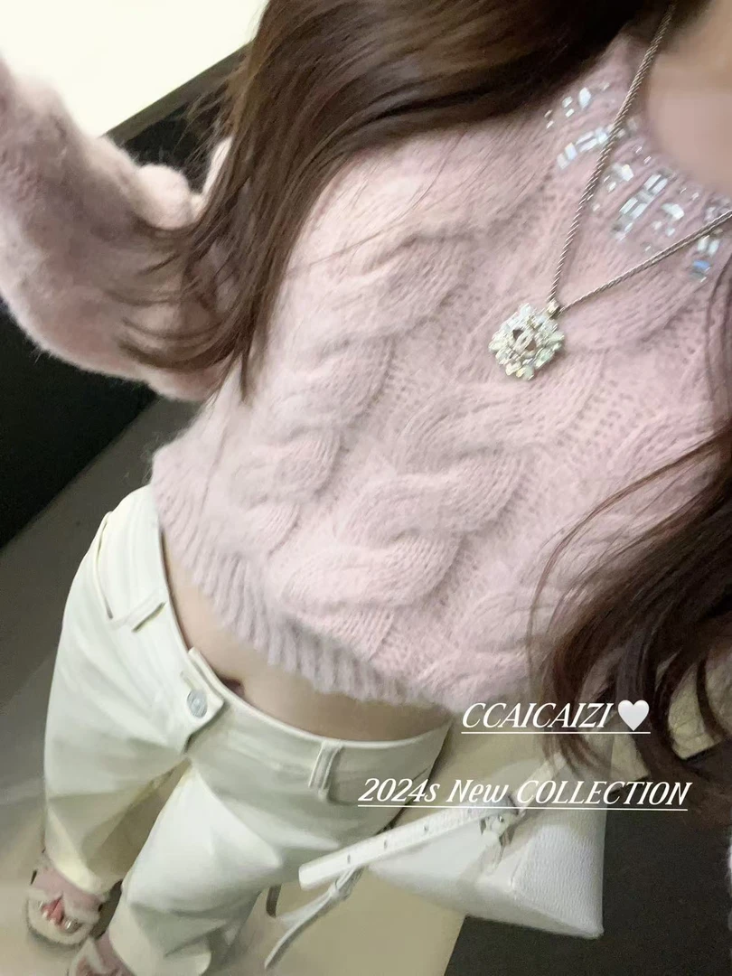 [no退no换]CCA145【心动嘉宾】减龄重工钻圆领长袖短款毛衣