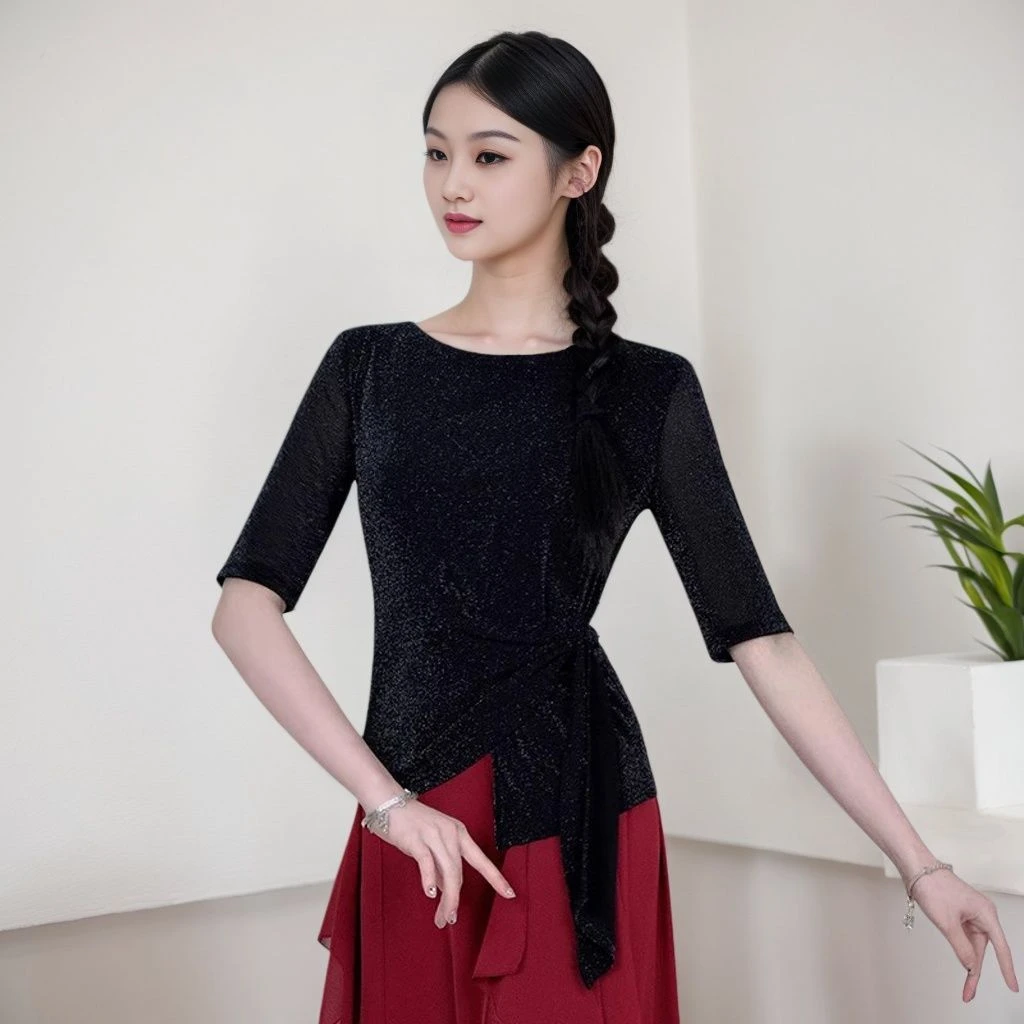 洋气新款拉丁舞蹈练功服收腰女舞蹈上衣圆领中袖显瘦摩登用品上衣