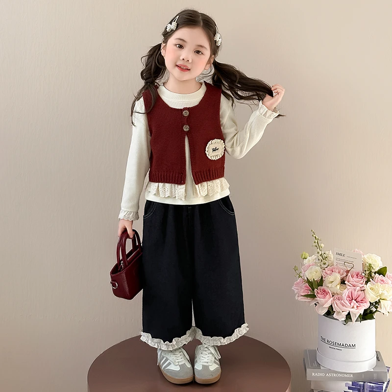 女童秋装套装2025新款宝宝毛衣马甲阔腿裤洋气女孩韩版好看三件套