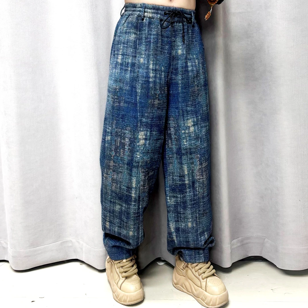 25143柞蚕丝印花棉裤男装冬装加绒加厚宽松韩版复古百搭休闲时尚