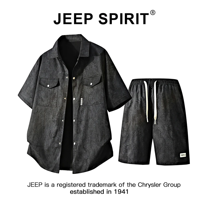 JEEP吉普扎染工装短袖衬衫套装男士夏季宽松大码男装休闲运动套装