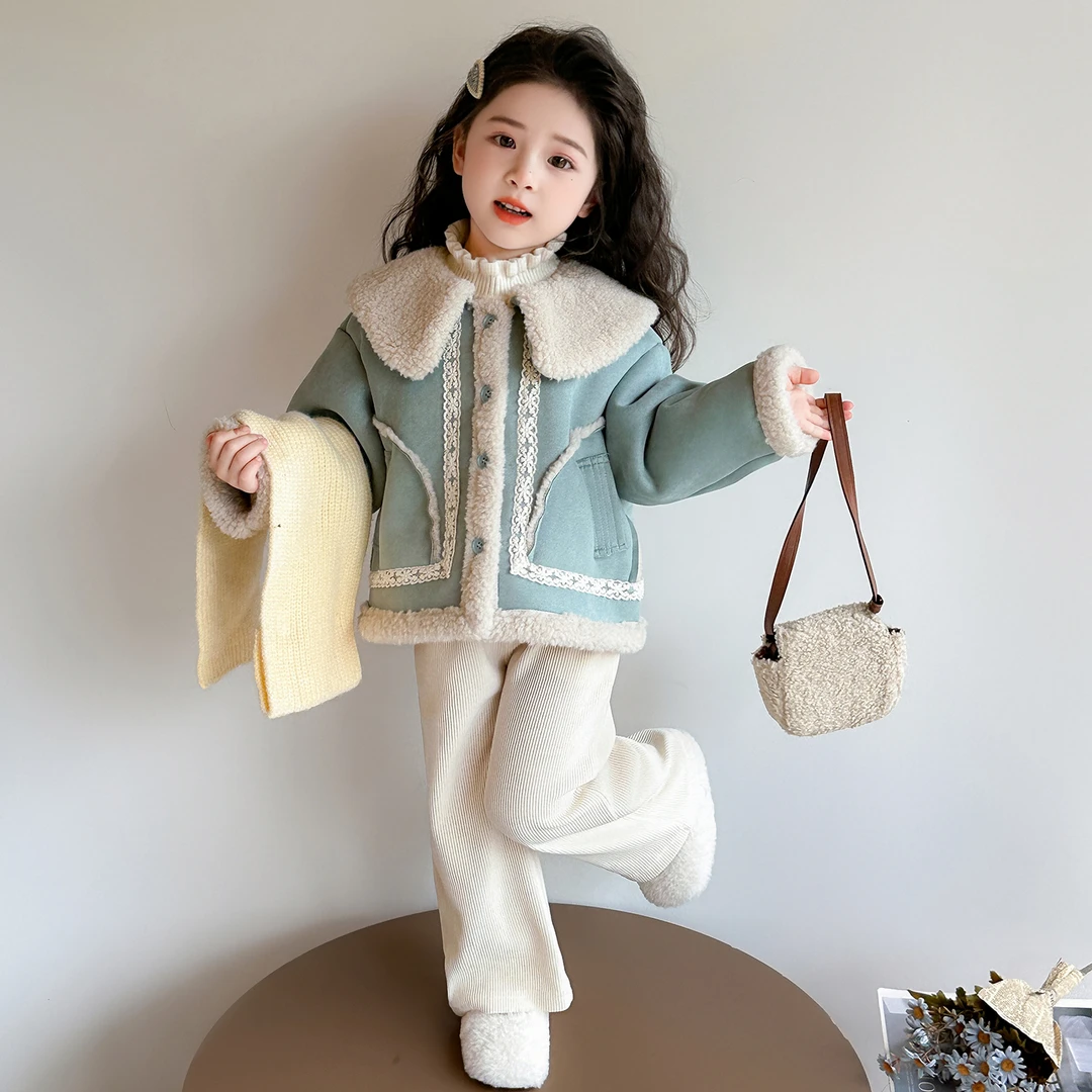 女童加绒外套秋冬装2025新款儿童加厚花边女宝宝冬季皮毛一体初冬