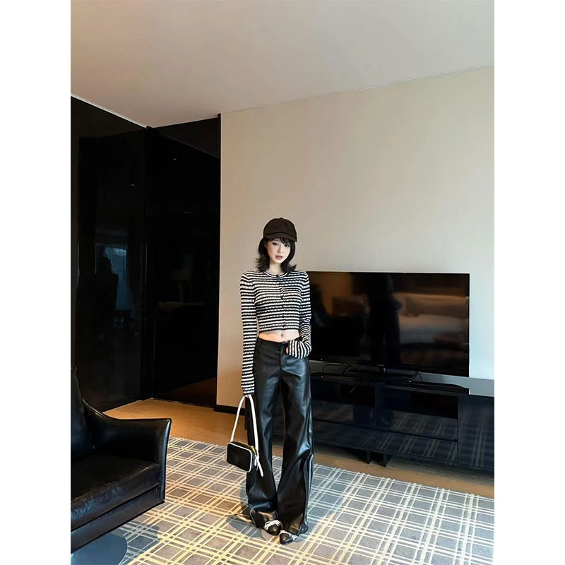 法式设计感小众条纹圆领针织开衫女秋冬高腰显瘦气质百搭阔腿长裤