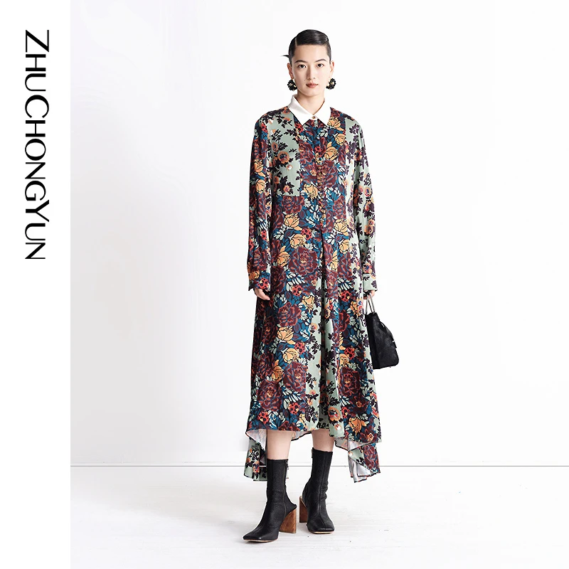 【达人专享】ZHUCHONGYUN光泽质感原创图案不规则下摆连衣裙