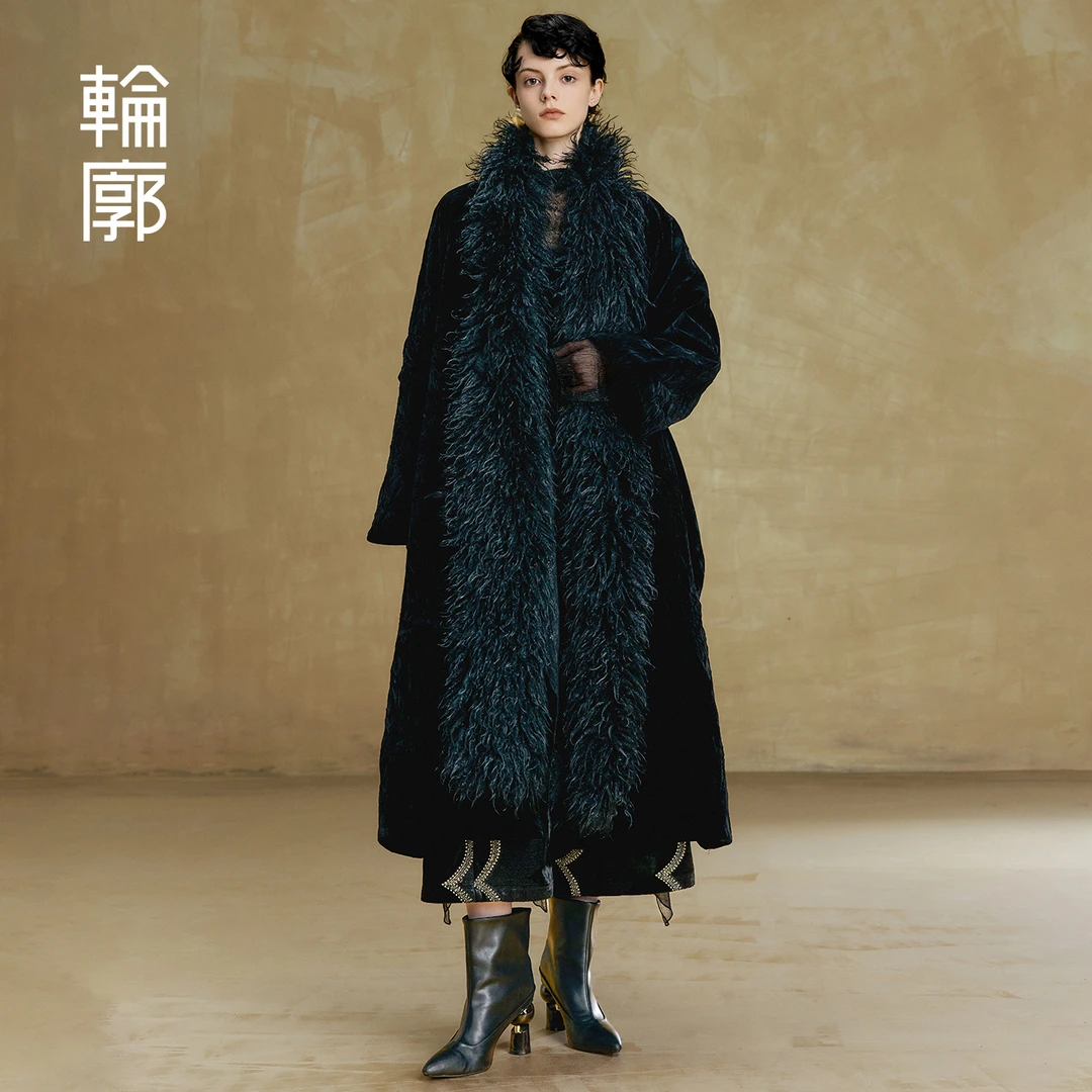 轮廓澜雾加绒棉衣新中式复古长款V领仿麂皮绒厚款棉服L254Y012