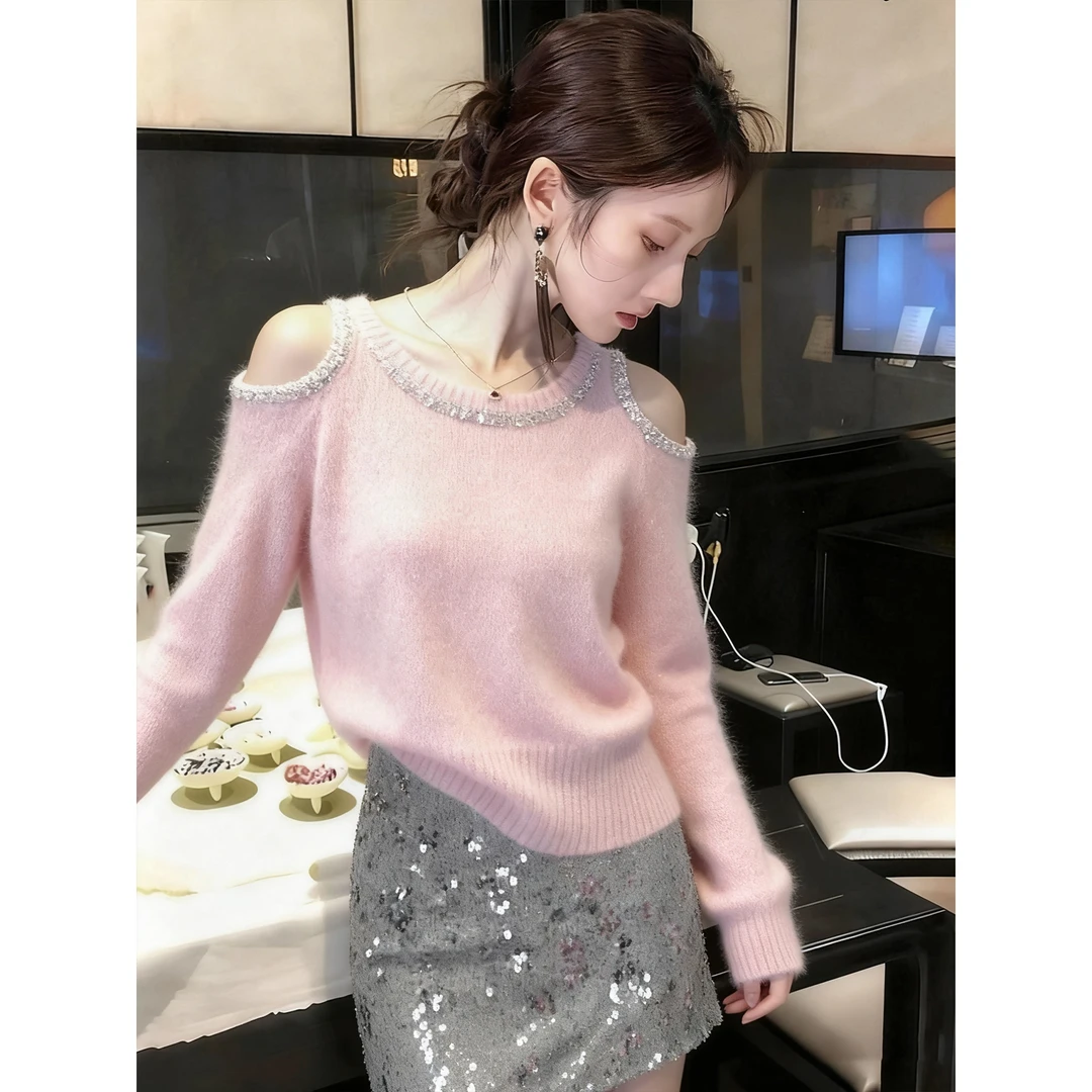 温柔时尚风粉色长袖亮片露肩毛衣2025秋冬新款宽松减龄气质针织衫
