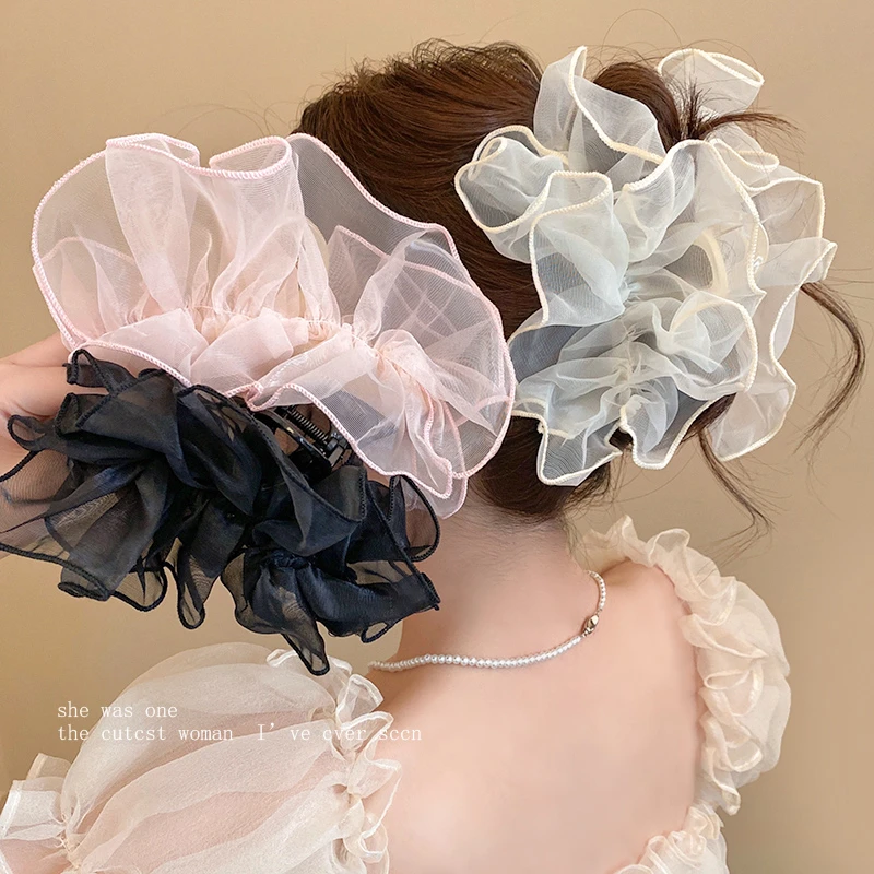 云朵网纱褶皱抓夹女高级感简约鲨鱼夹发夹后脑勺盘发发卡夏季发饰