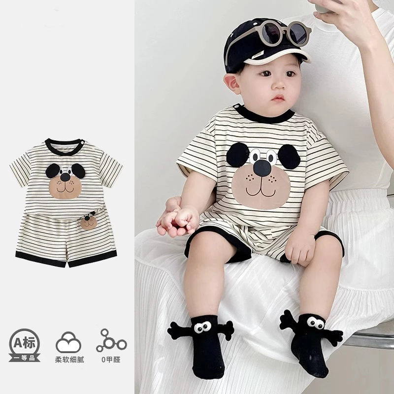 婴儿套装夏装新款男宝宝卡通条纹短袖短裤分体衣幼儿夏天外出套装