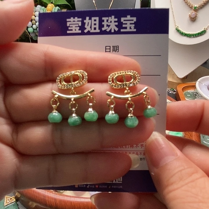 合金翡翠耳饰绿珠耳钉