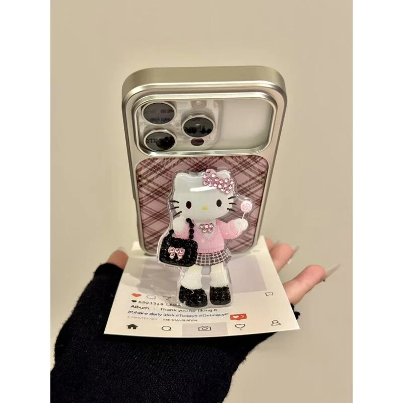 韩系粉棕菱格纹点钻长腿猫咪支架适用iphone17promax苹果16手机壳