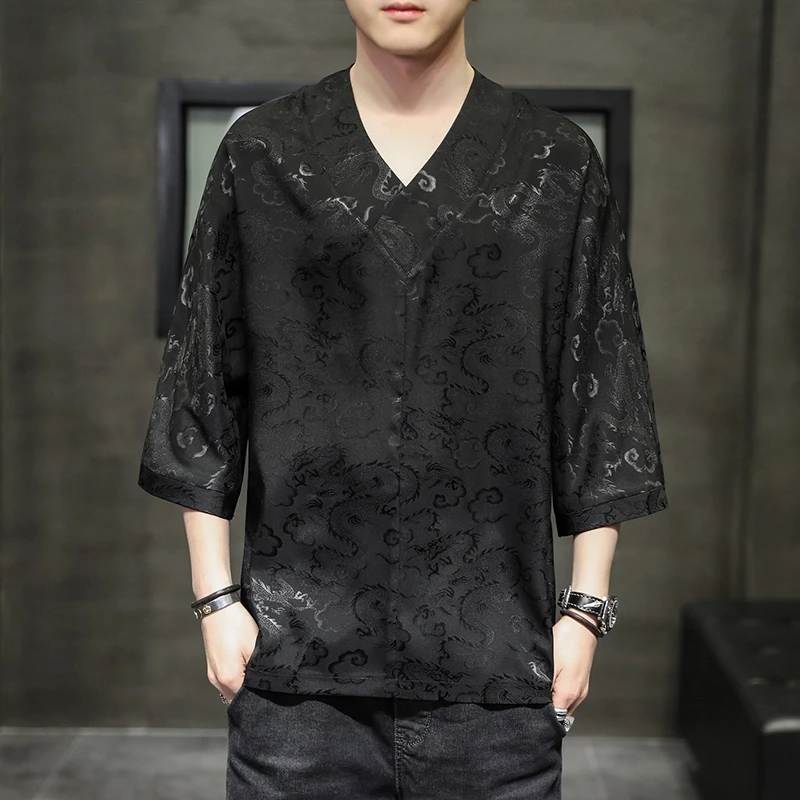 冰丝短袖t恤男夏季薄款新中式男装复古风宽松大码中国风唐装汉服