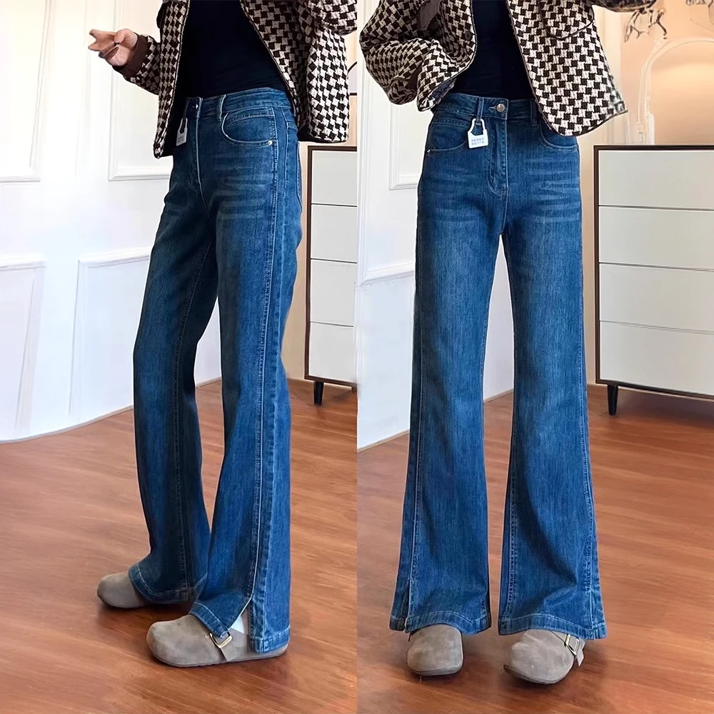 开叉微喇牛仔裤女2025年春秋大码梨形身材气质显瘦高腰弹力喇叭裤