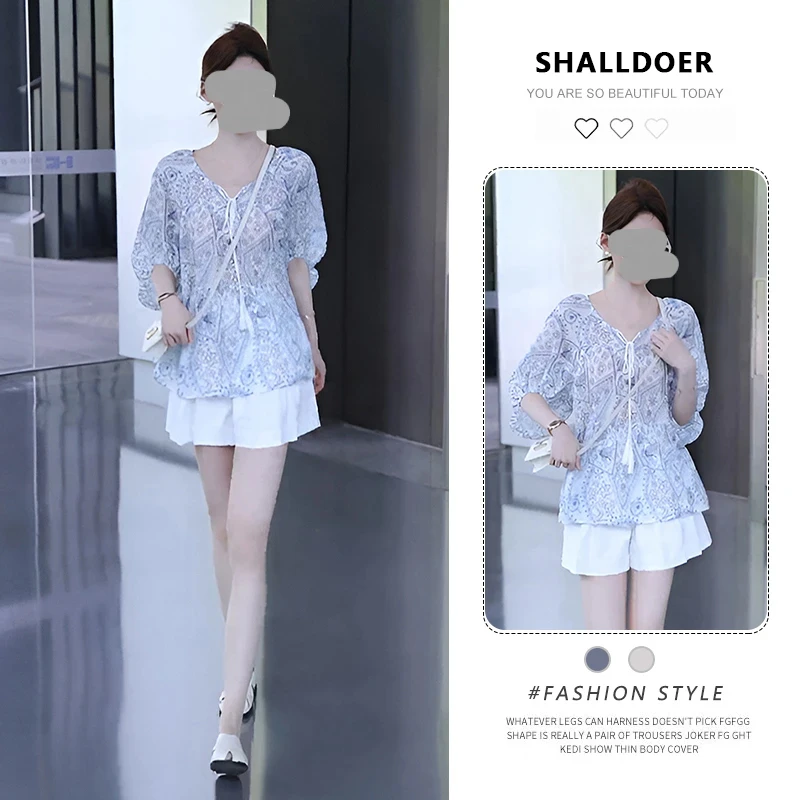 法式通勤度假风套装女2026夏季新款碎花系带短袖衬衫阔腿裤两件套