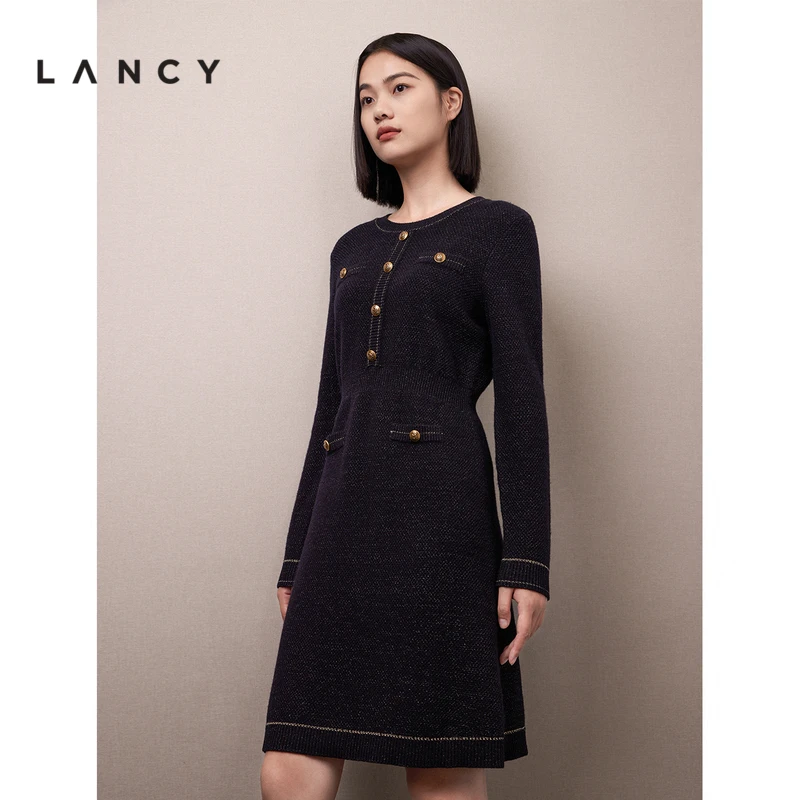 LANCY/朗姿【专柜同款】小香风收腰羊毛裙子女法式轻奢针织连衣裙