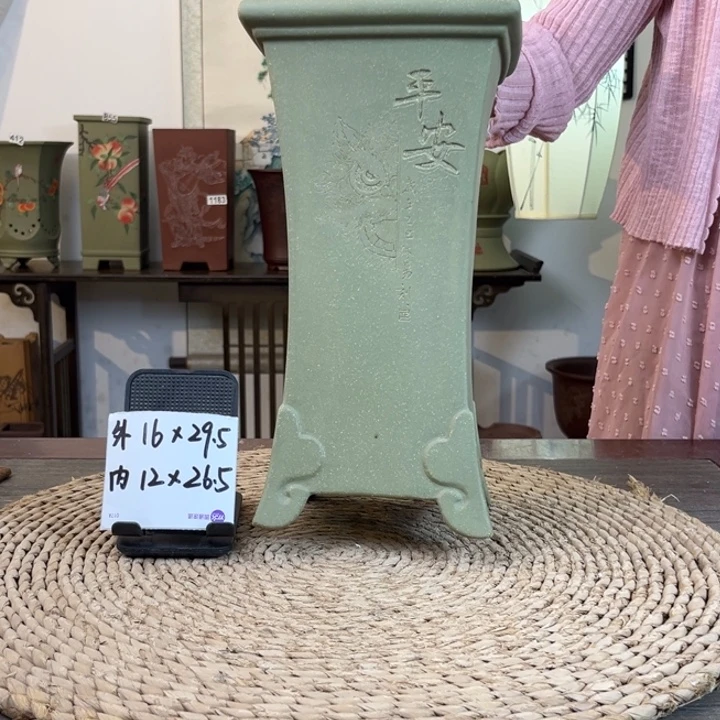 紫砂花盆 超精品果绿收腰签筒沐易刻绘