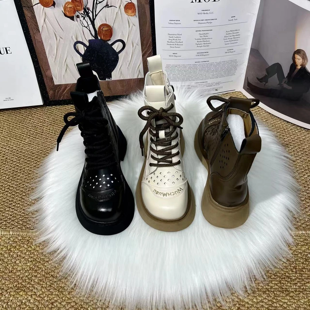 薄款女夏季镂空透气侧拉链马丁靴筒靴皮网纱时尚百搭复古英伦风