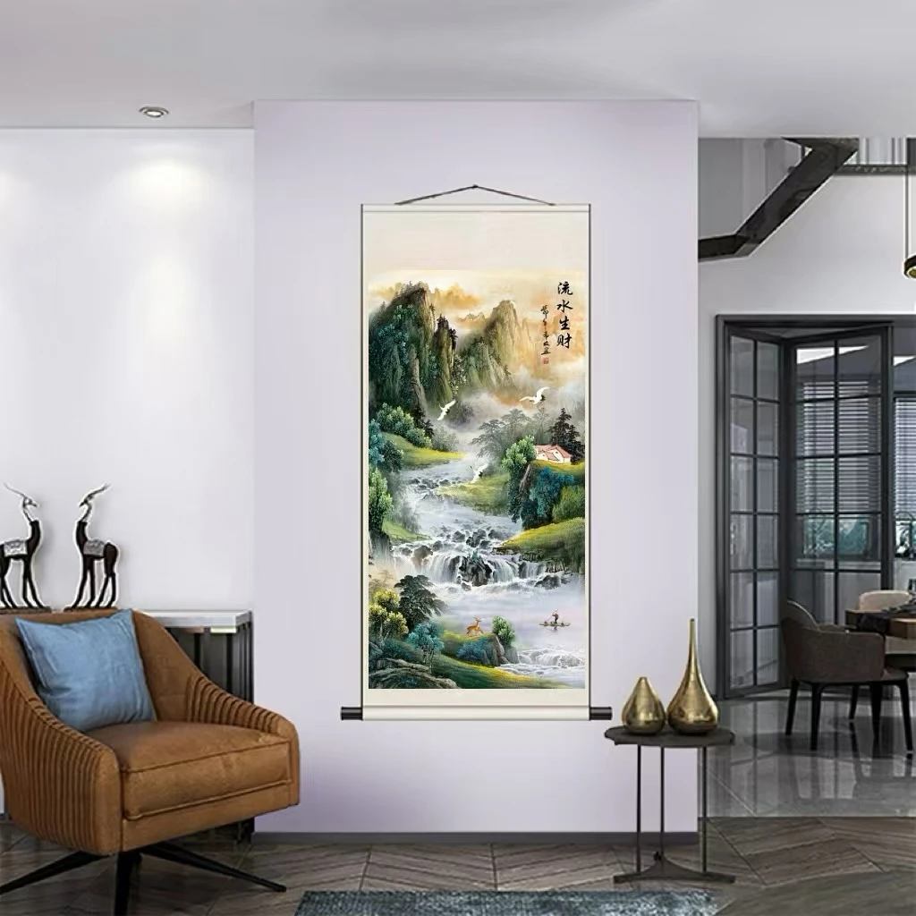 《流水生财》180*72竖幅中式山水画客厅书房茶室装饰画