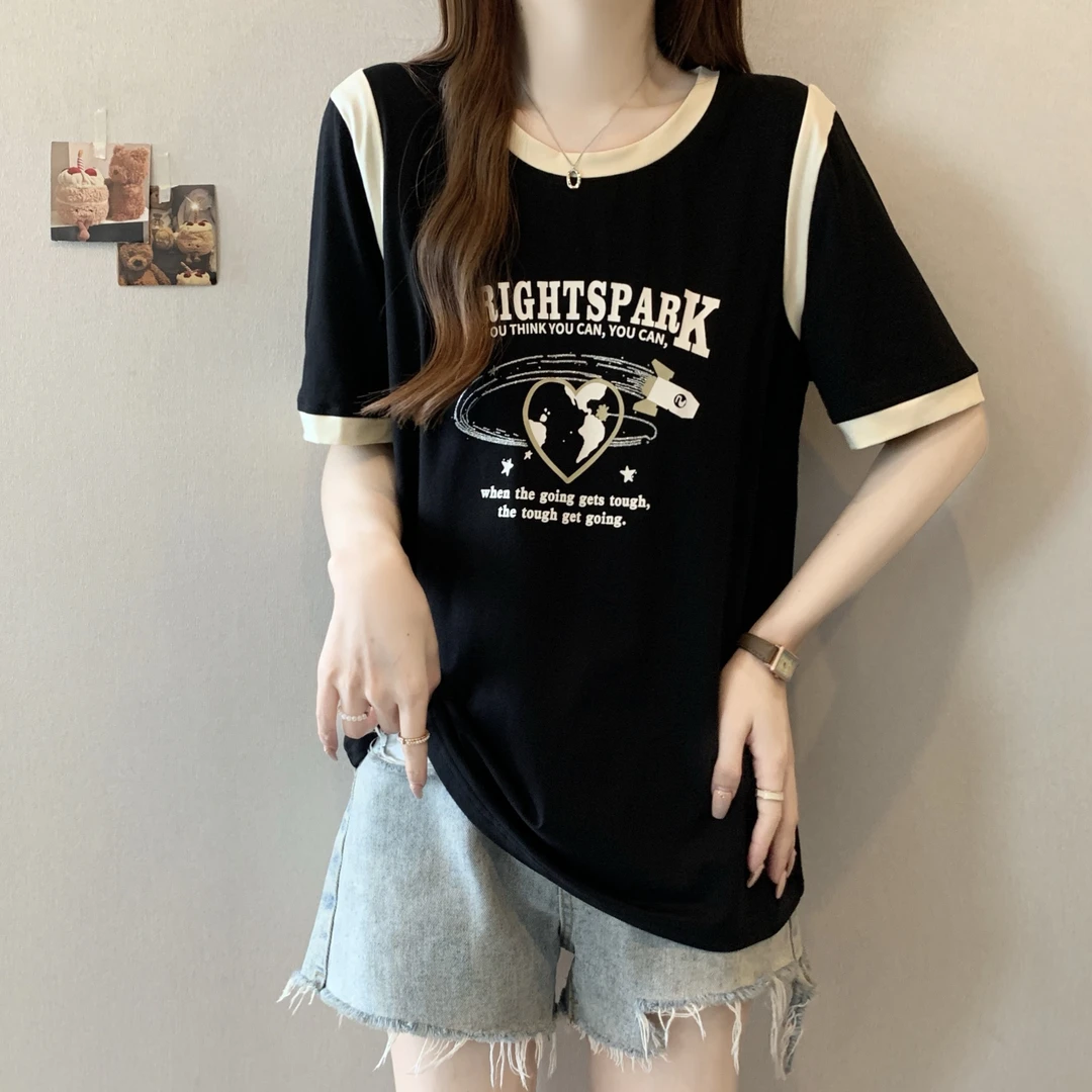 胖MM大码撞色印花显瘦上衣黑色圆领薄款T恤韩版拼接纯棉时尚百搭