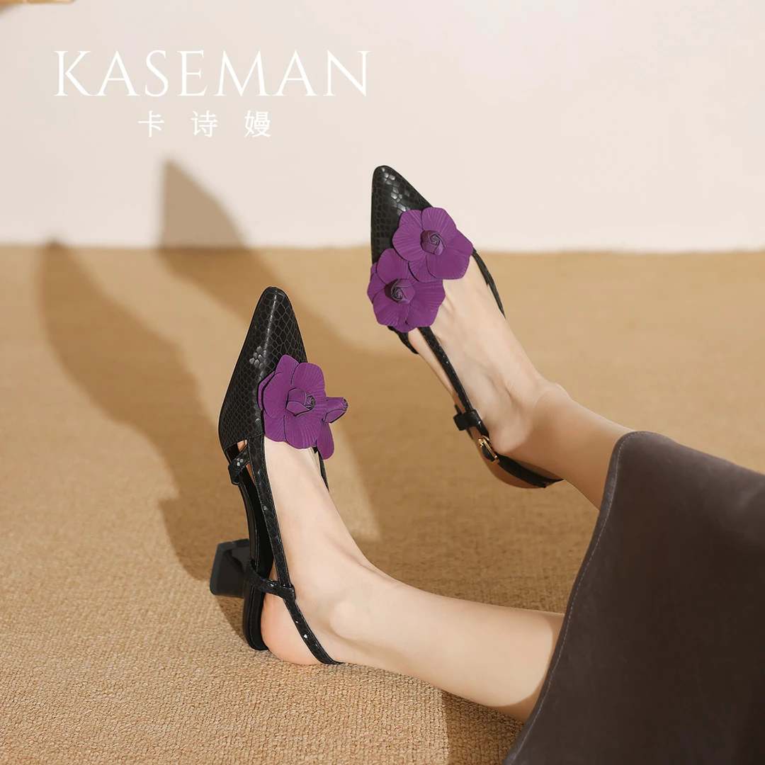 【跟高5cm】法式花朵浅口仙女风高级感包头后空低跟凉鞋外穿1845