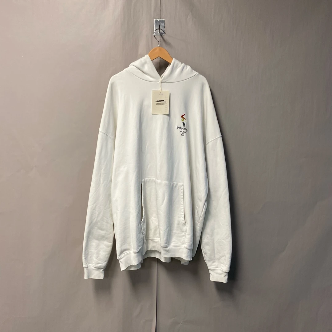 99新 Balenciaga/巴黎世家 火炬logo连帽白色卫衣 XL码#4680