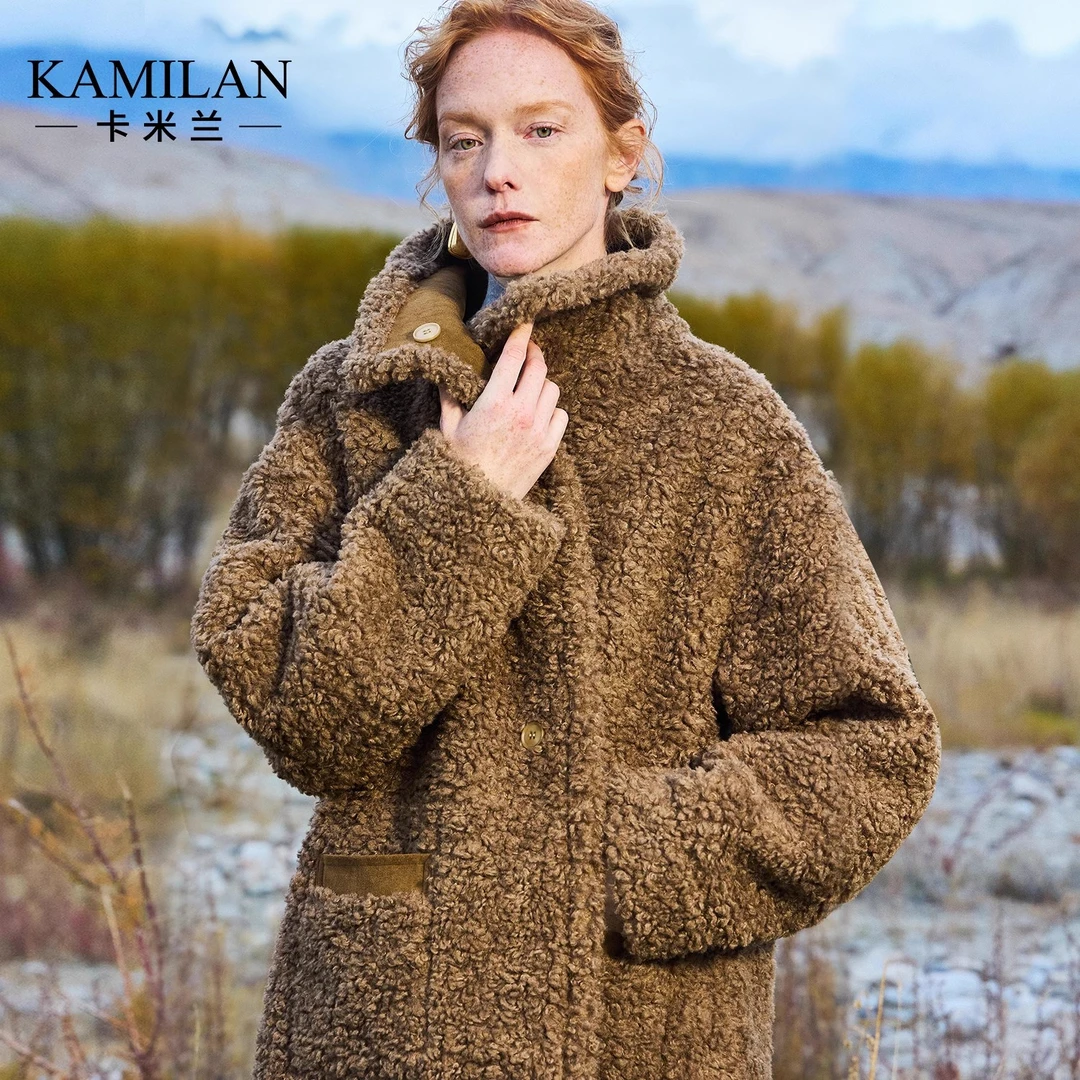 卡米兰气质百搭毛呢外套女2024年秋冬新款毛绒拼接呢子外套两面穿