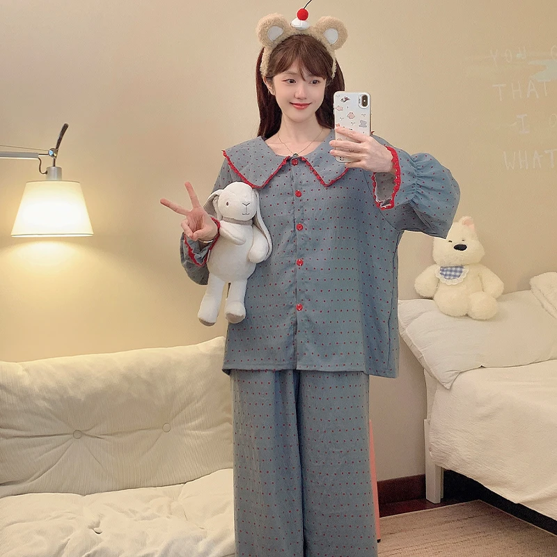 长袖带胸垫睡衣女秋季2025新款蓝底红点甜美可外穿家居服套装