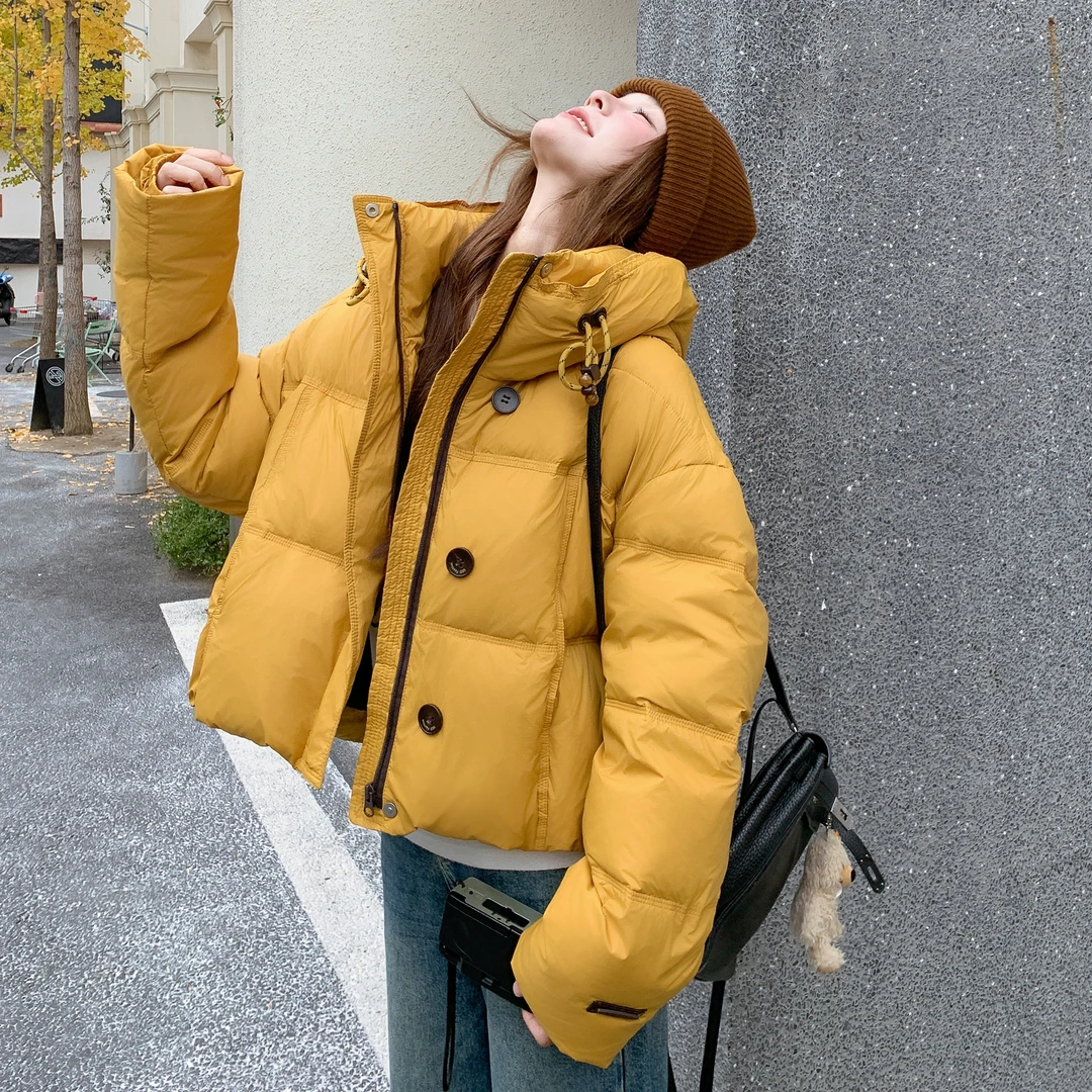 黄色抽绳连帽短款羽绒服女2025冬装新款韩系设计感90绒加厚面包服