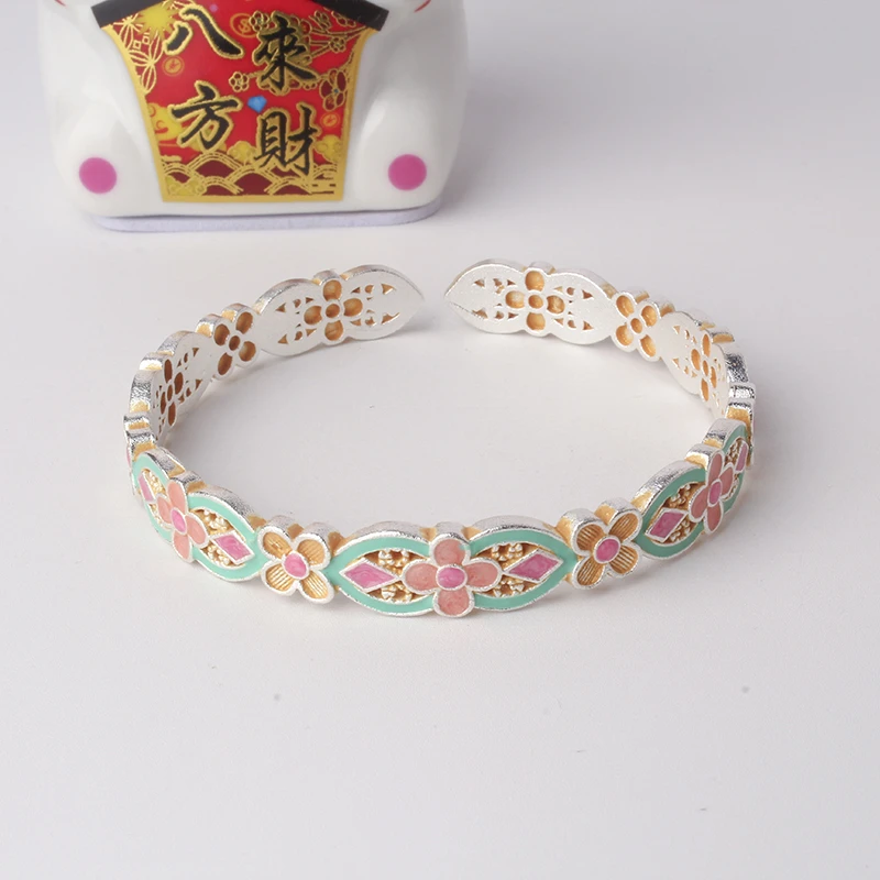 足银手镯 96号链接【珐琅花满筑】足银999.9 发货带证书带礼盒