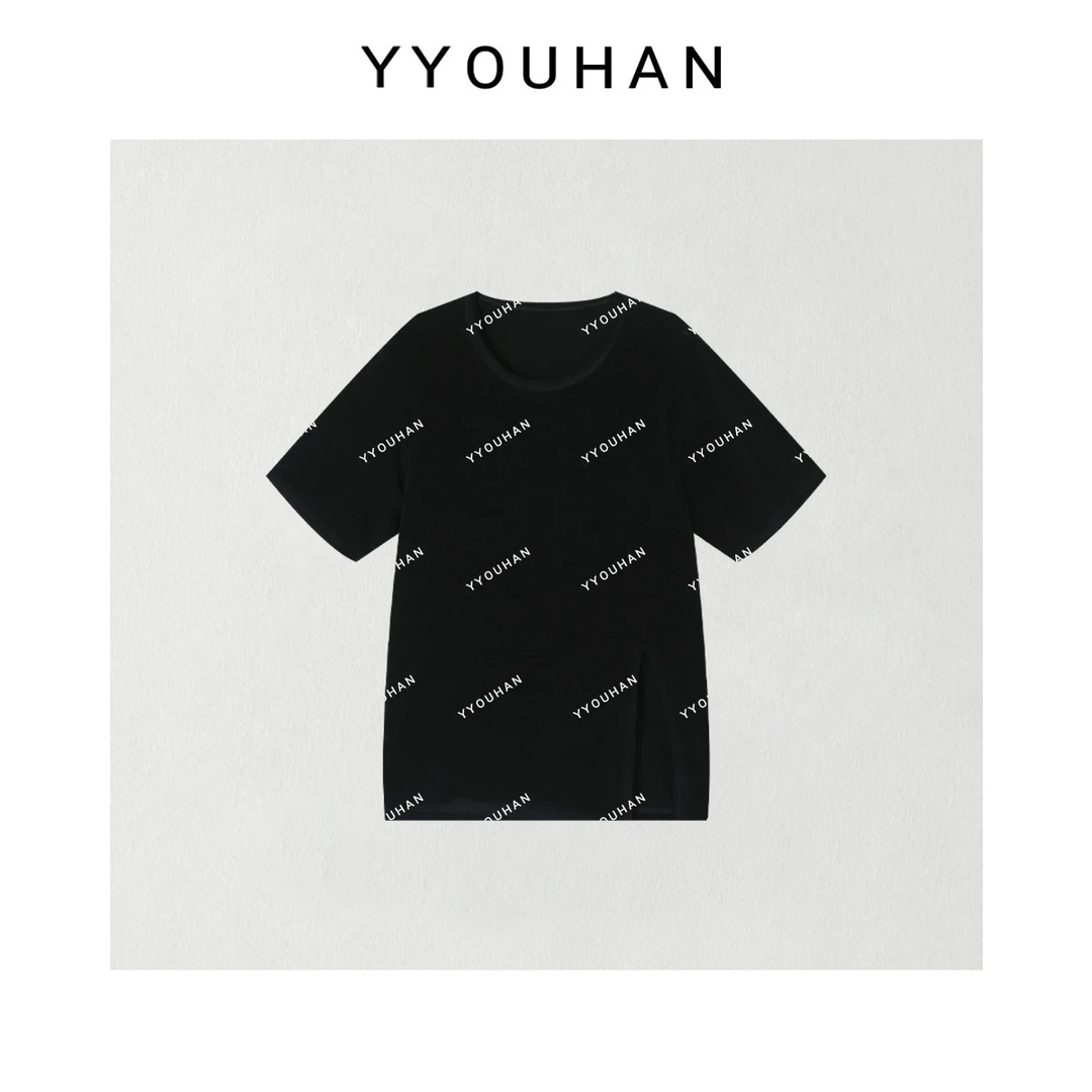 月月不吃鱼2025春夏小众设计下摆开叉百搭醋酸圆领T恤 2503C1453