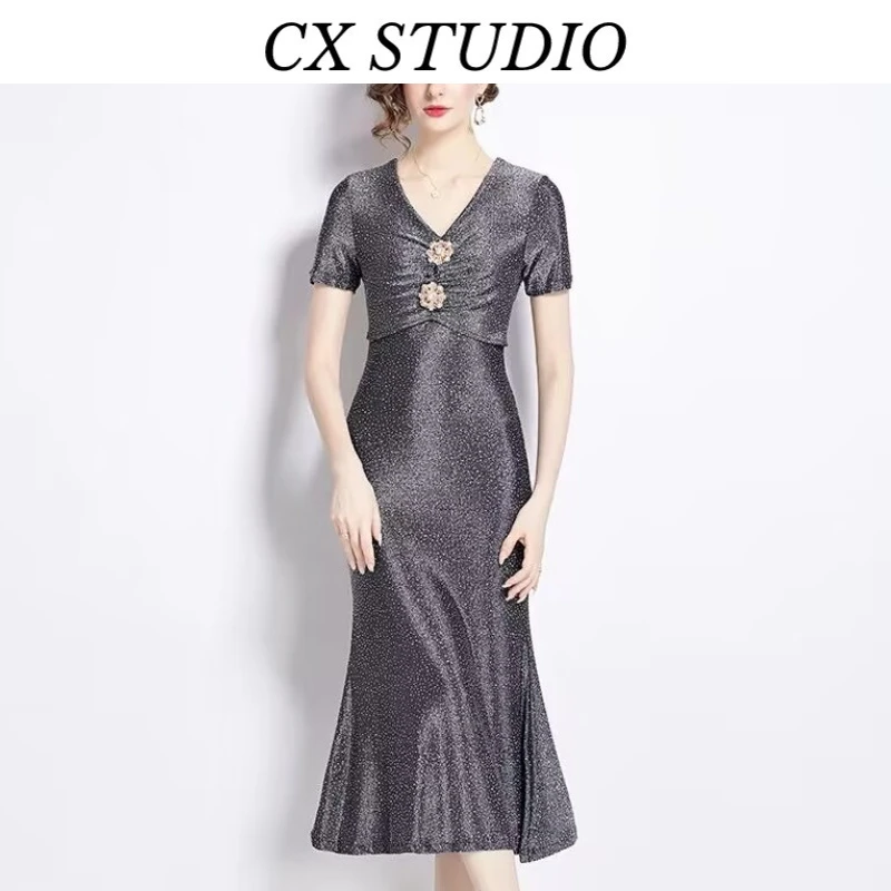 夏季新款轻熟风轻奢气质V领短袖收腰包臀鱼尾连衣裙S8727