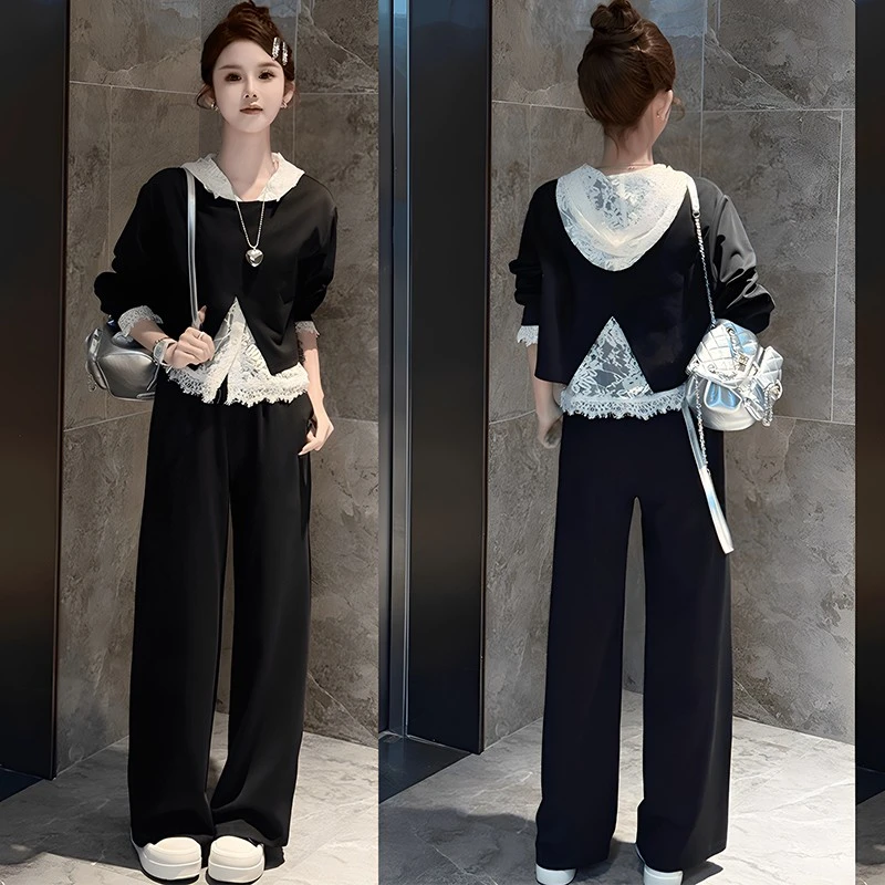 开春穿搭一整套装女2025春秋季减龄蕾丝拼接厚T恤阔腿裤子三件套