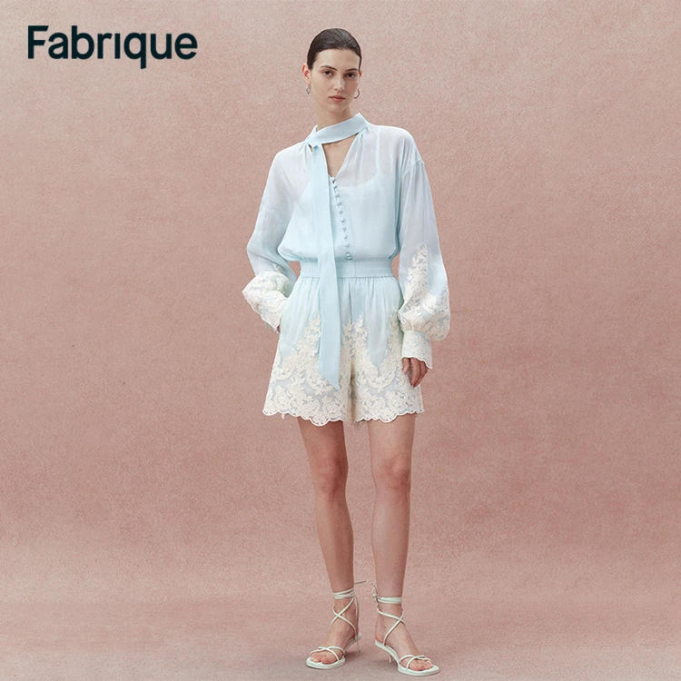 Fabrique【宫廷谧境】春夏新款 冰河蓝桑蚕丝亚麻刺绣蕾丝衬衫套装