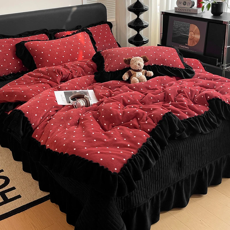 冬季新款热卖舒适大宽花边牛奶绒床盖床裙四件套加绒