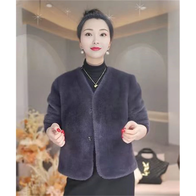 2025冬新款仿水貂绒环保皮草年轻短款外套宽松V领皮毛一体大衣女