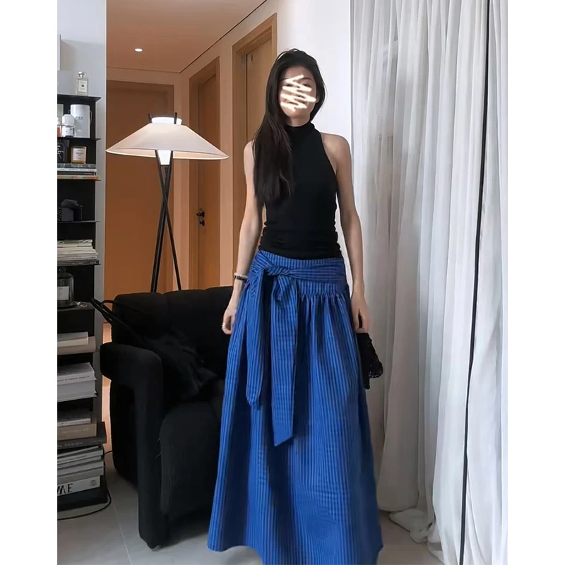2025春夏新款女韩系穿搭无袖修身背心上衣高腰显瘦格纹绑带半身裙