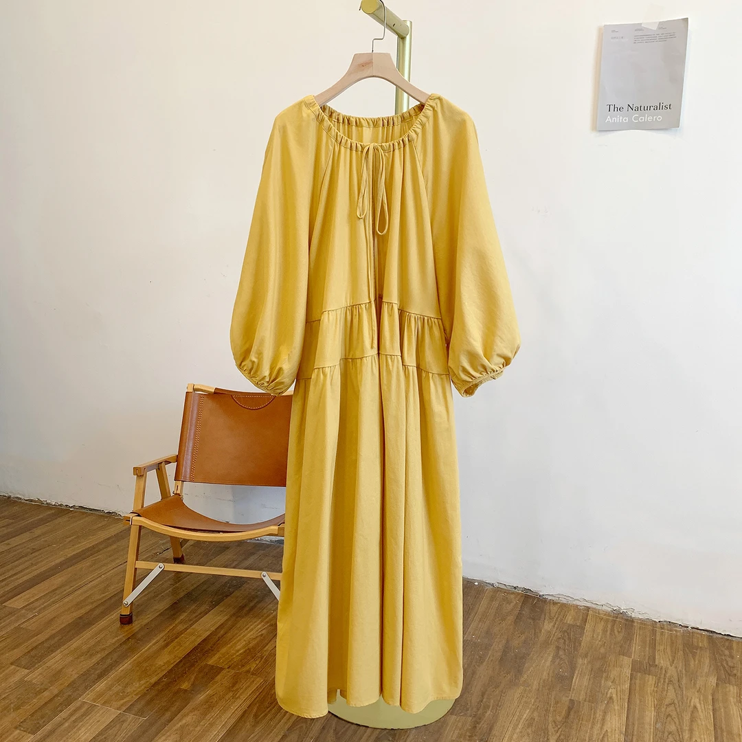 C4296纯色领口抽绳系带圆领连衣裙