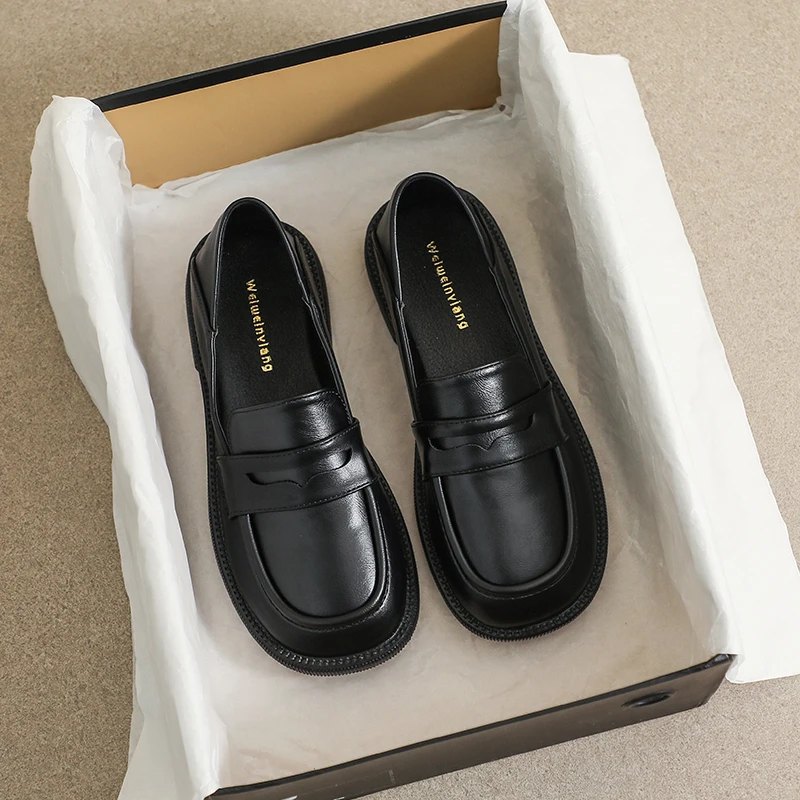 英伦小皮鞋女2025新款春夏黑色平底单鞋一脚蹬乐福鞋女大码女鞋