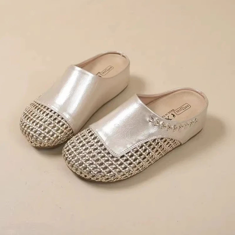 编织镂空平底包头拖鞋女夏外穿2025新款透气软底休闲洞洞穆勒凉鞋