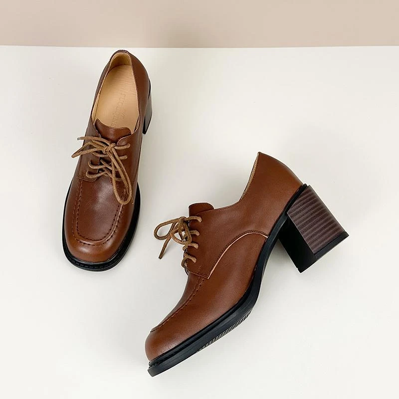 复古深口高跟鞋女秋季新款百搭真皮粗跟圆头单鞋系带通勤小皮鞋