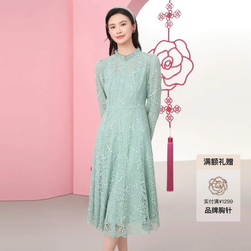 【一秒入秋】珂莱蒂尔2025新款气质时尚休闲设计感蕾丝透视连衣