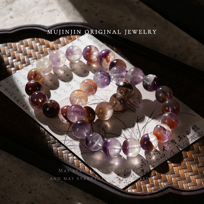 【木槿槿】天然芬达极光水晶手串女款约13m单圈手链多样性发一