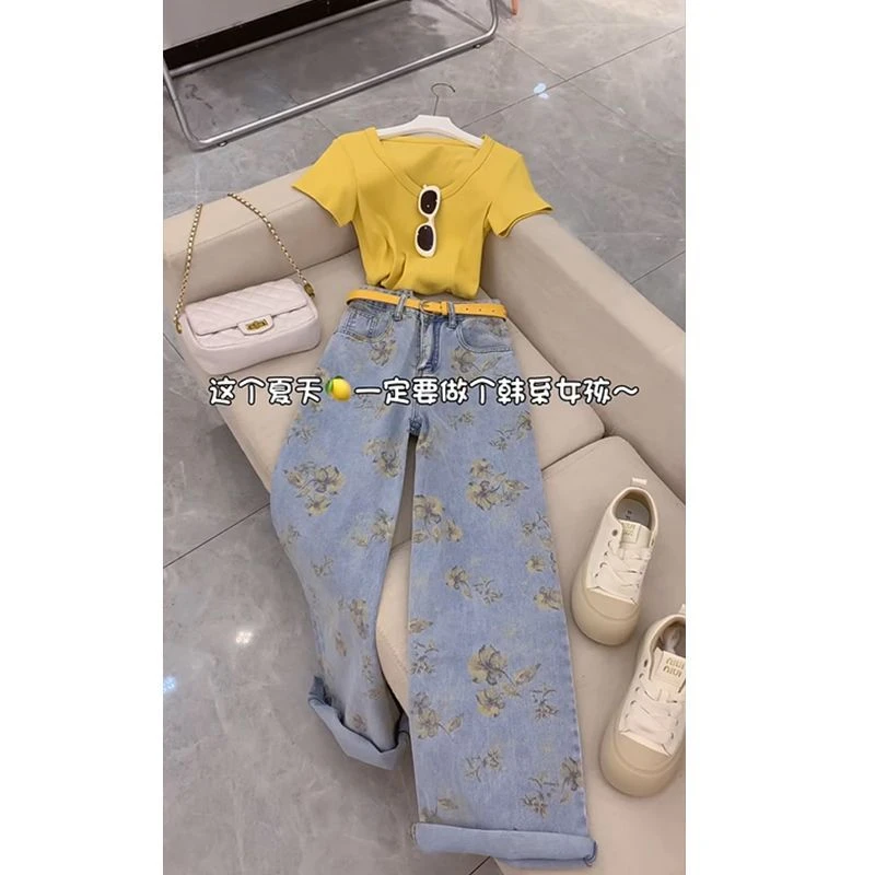 2025夏季新款套装女时尚柠檬黄显白短袖上衣搭印花牛仔裤两件套装