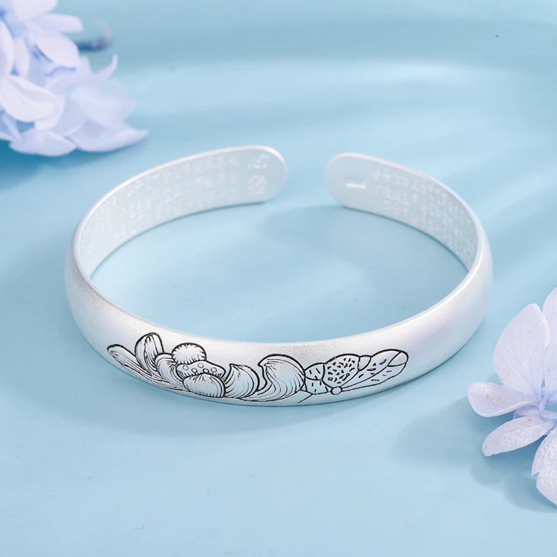 925银手镯 萬寶達S925银“好运莲莲-长寿花-心经手镯”福运吉祥时尚