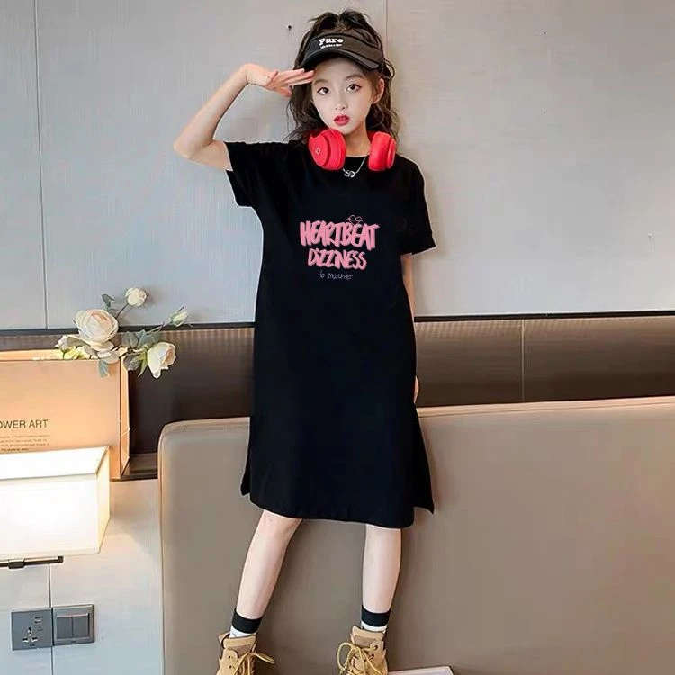 女童连衣裙夏季裙2025新款中大童8-15岁纯棉宽松裙子中长款T恤裙