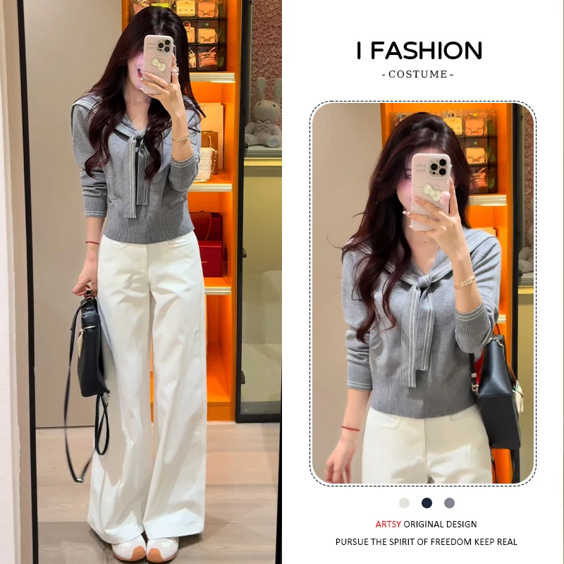 学院风海军领长袖针织衫女2026年春秋新款小个子潮流百搭显瘦上衣