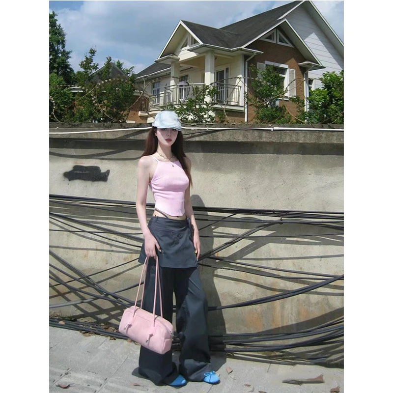 美式辣妹风短款吊带背心上衣女春季新款假两件拼接黑色休闲阔腿裤