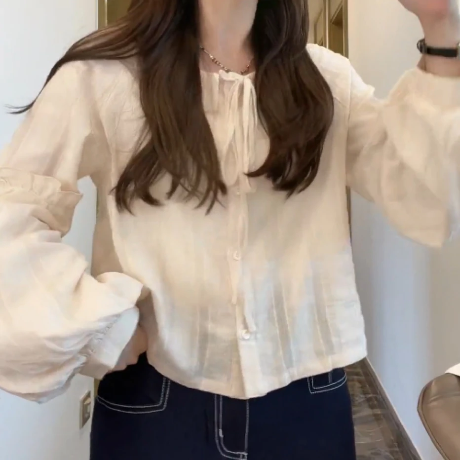 法式风木耳边娃娃领系带衬衫秋季2025新款设计感复古洋气长袖小衫