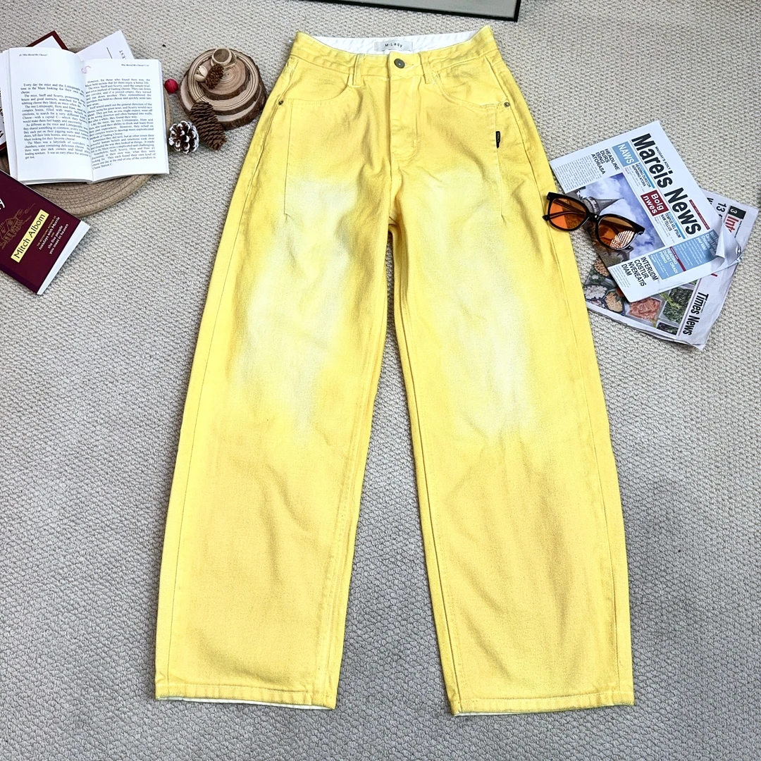2025春季新款纯色洗水牛仔弯刀阔腿裤休闲裤9407