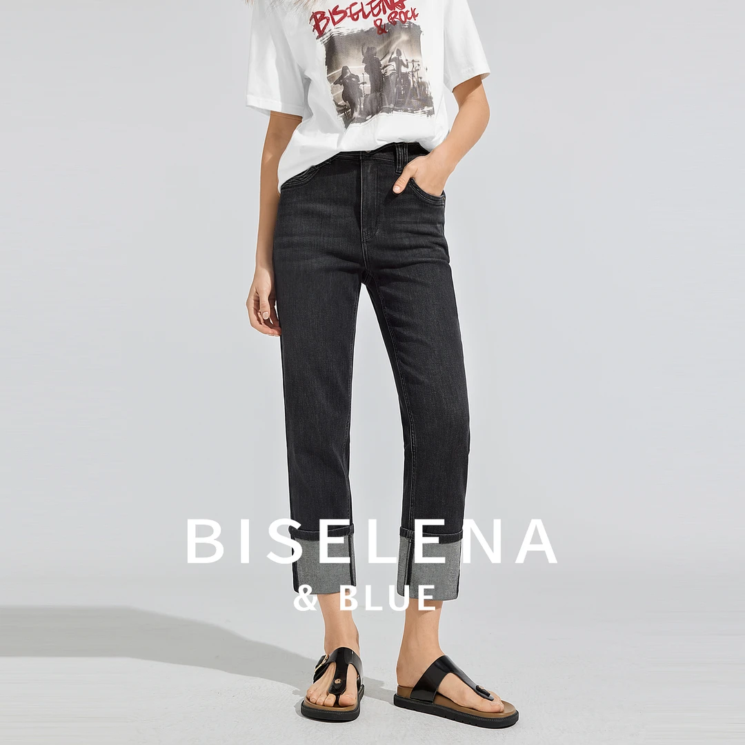 贝茜妮 裤脚翻边牛仔裤女夏季新款直筒修身水洗复古九分裤烟管裤
