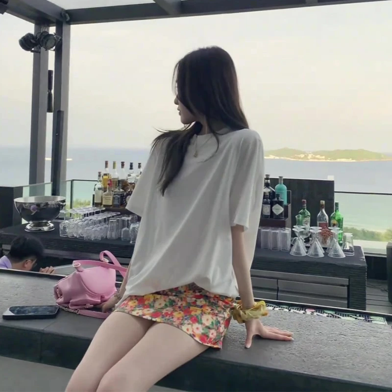 白色圆领正肩短袖T恤女夏季2025新款爆款宽松半袖体恤基础款上衣